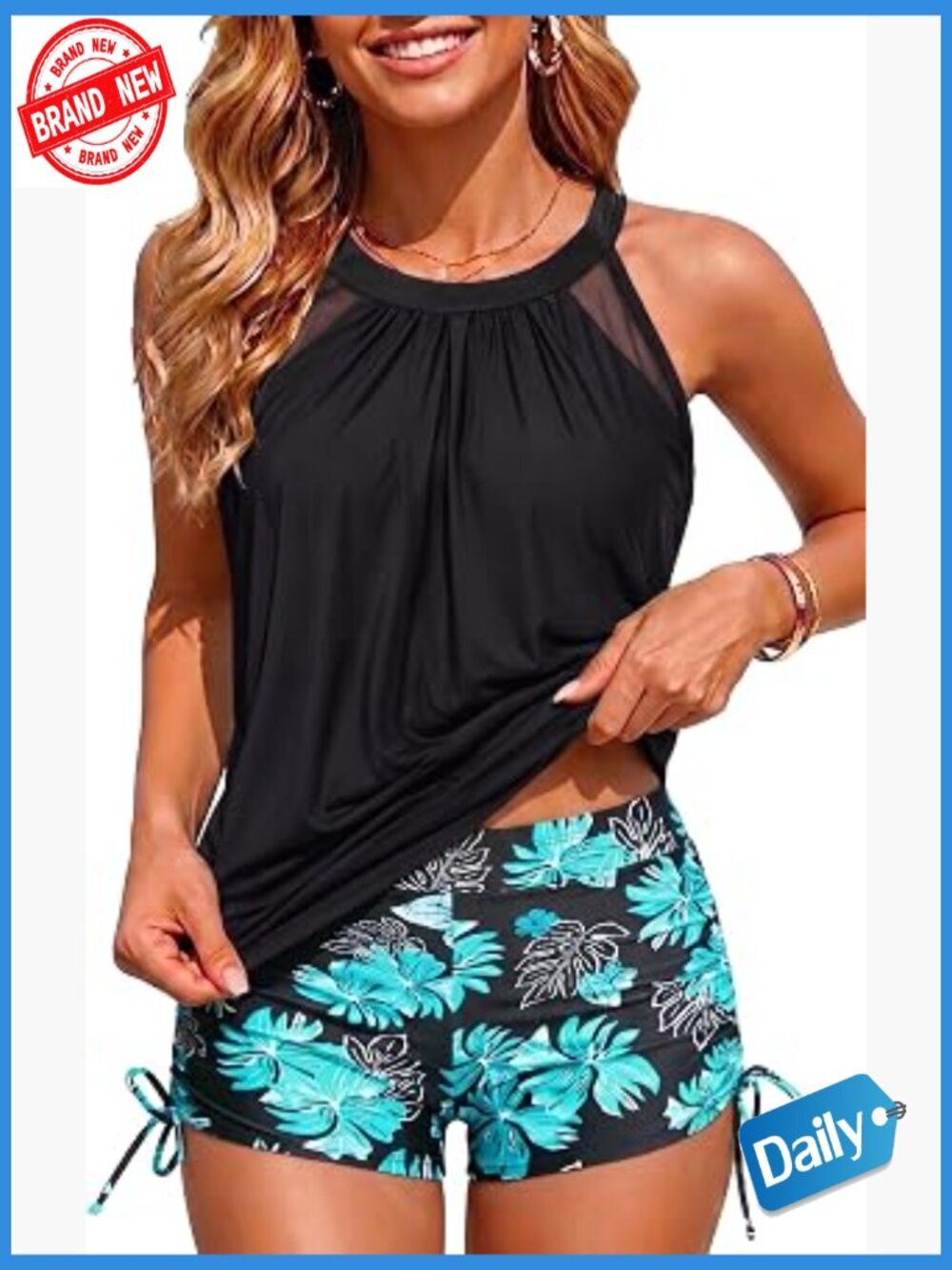 Tummy Control Tankini Swimsuit with Shorts High Neck Blouson Bathing Suit Two